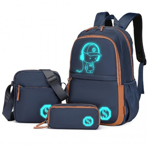 EB2363 - Kono Lightweight & Glow-in-the-Dark 3-Piece Laptop Backpack Set with Crossbody Bag and Pencil Case - Navy And Brown